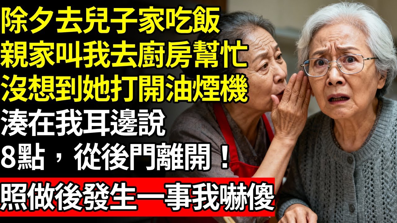除夕去兒子家吃年夜飯，親家母叫我去廚房打下手，沒想到她打開油煙機湊在我耳邊，說「八點，從後門離開！照做後發生一事我傻了#養老#不孝子#人間家務#退休金