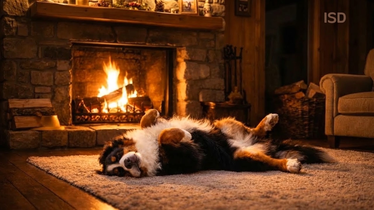 Mountain Cabin Night 🔥 Cozy Bernese Mountain Dog & Crackling Fireplace | Relaxing Jazz for Sleep