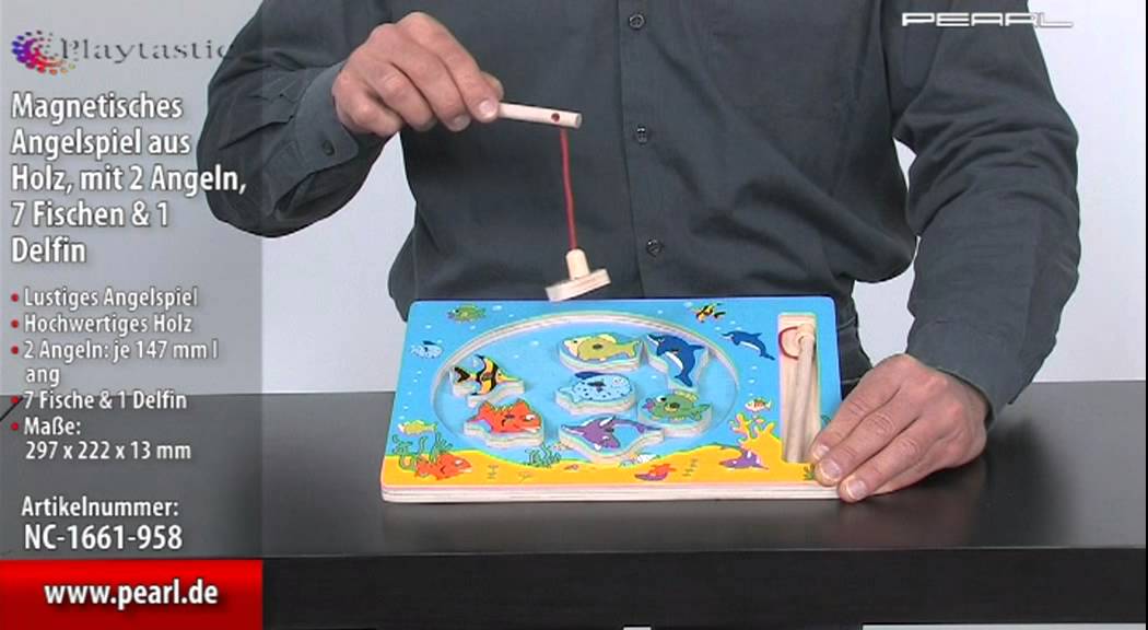 Magnetisches Angelspiel aus Holz, mit 2 Angeln, 7 Fischen & 1 Delfin