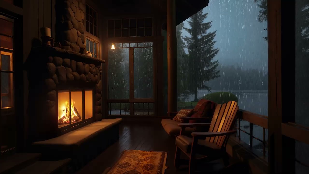 Peaceful Rainy Night in a Warm Cabin by the Lake | Rain Sounds to Fall Asleep
