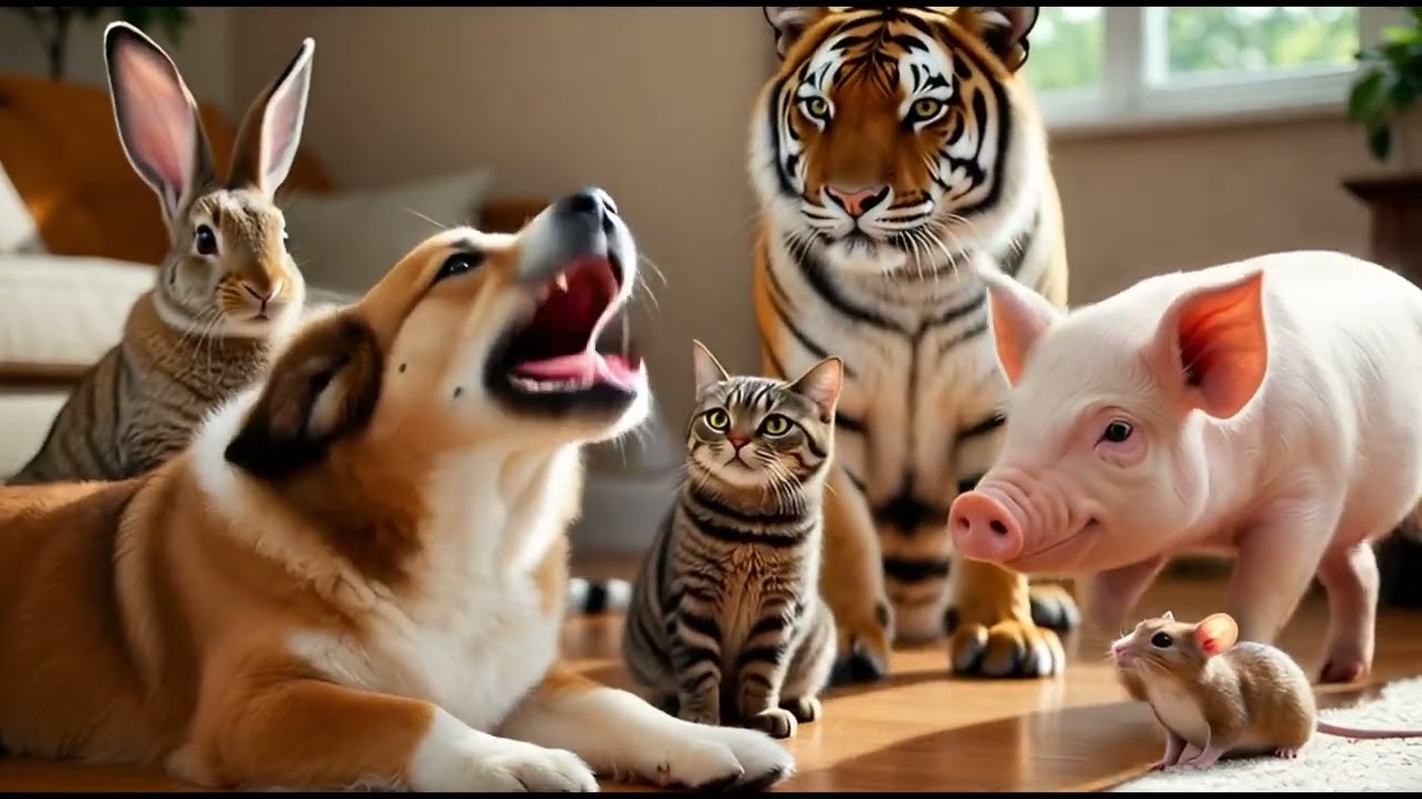 A dog, a cat, a rabbit, a mouse, a tiger, and a pig all playing friendly at home