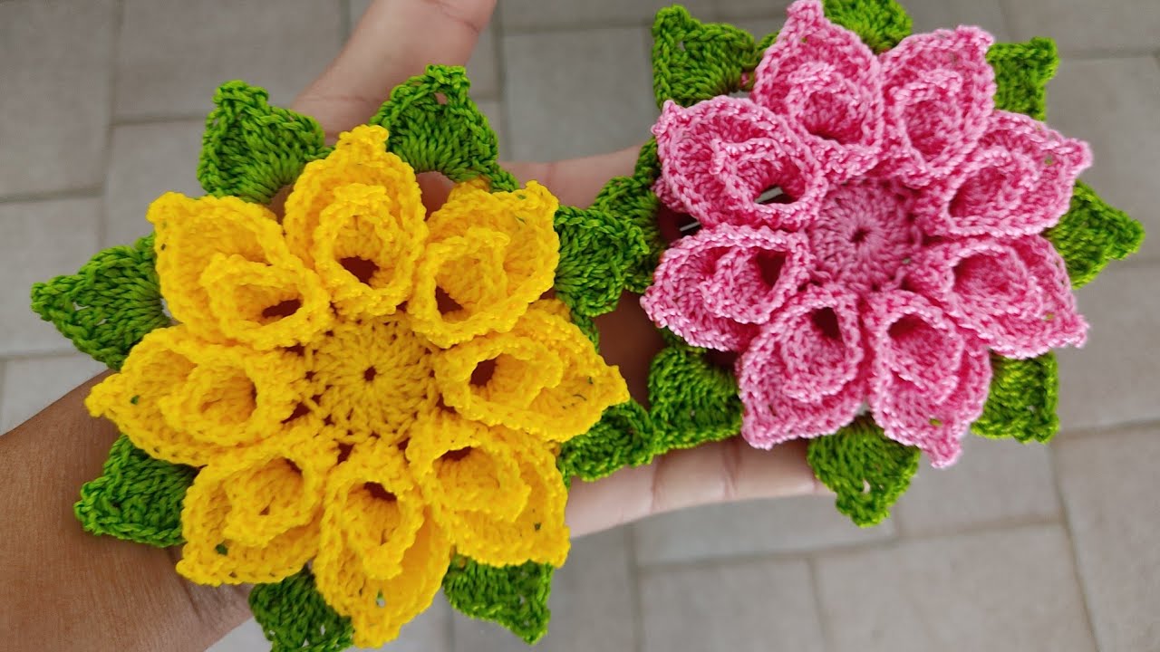 flor de crochê rápida e fácil para aplicação (flor bela)