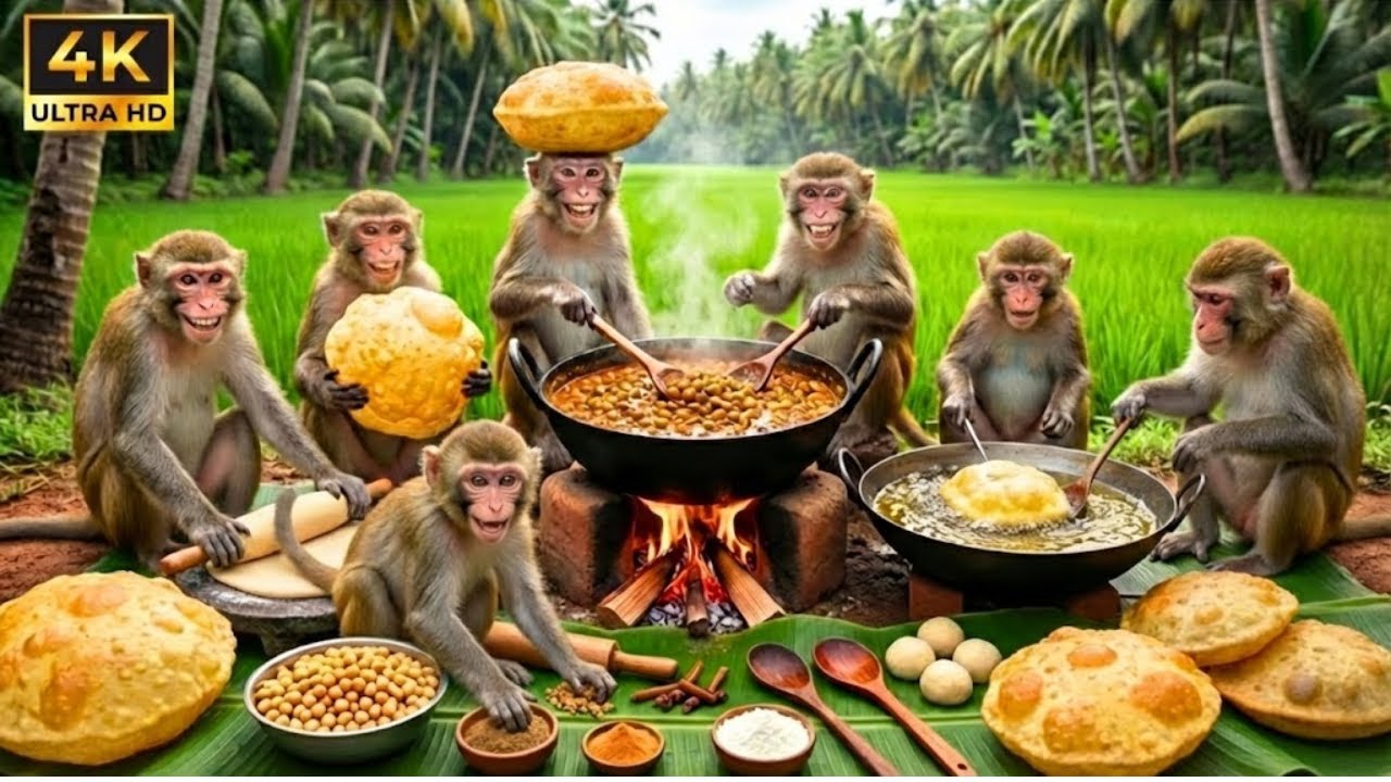 बंदरों ने मिलकर बहुत सारे छोले भटूरे बनाए 😋 | Monkeys Together Made Lots of Chole Bhature 🐒