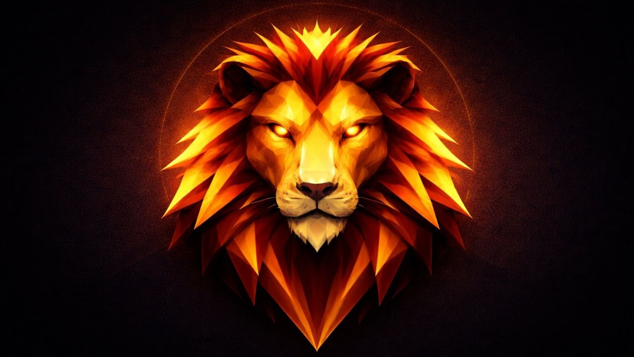 Inferno Lion – Fiery Low Poly Lion Head with Glowing Eyes | 4K Geometric Digital Art