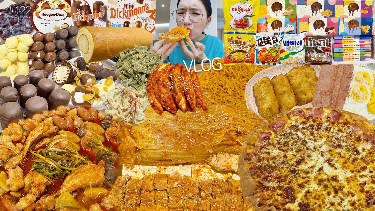 먹방VLOG)한우곱도리탕 묵은지삼겹김치찜+생선까스 치즈폭탄 치즈/베이컨체다피자+보들보들치즈볶음면 딕만스꿀조합 픽스두바이초콜릿6종 얼그레이롤케잌 무침만두 팥+연유❤️MUKBANG