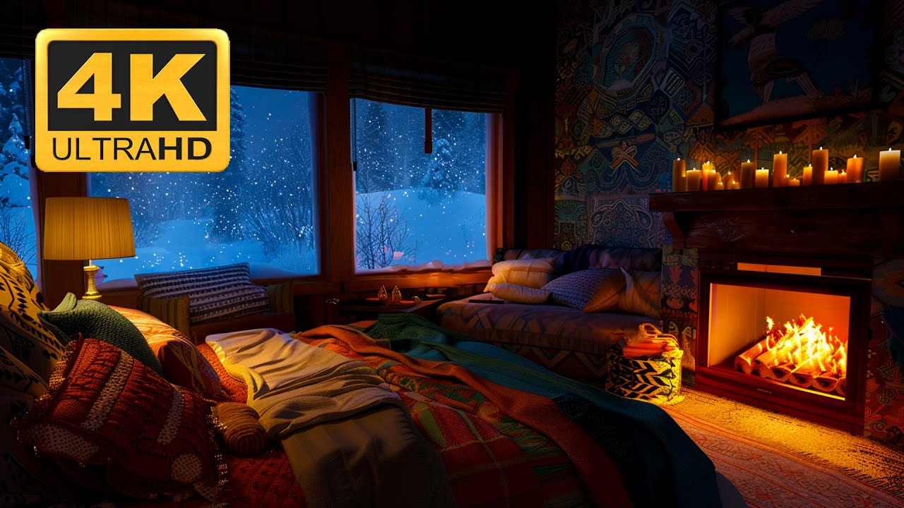 🔥❄️ Caba&ntilde;a Acogedora Con Tormenta De Nieve Y Chimenea | Ambiente Perfecto Para Dormir 4K