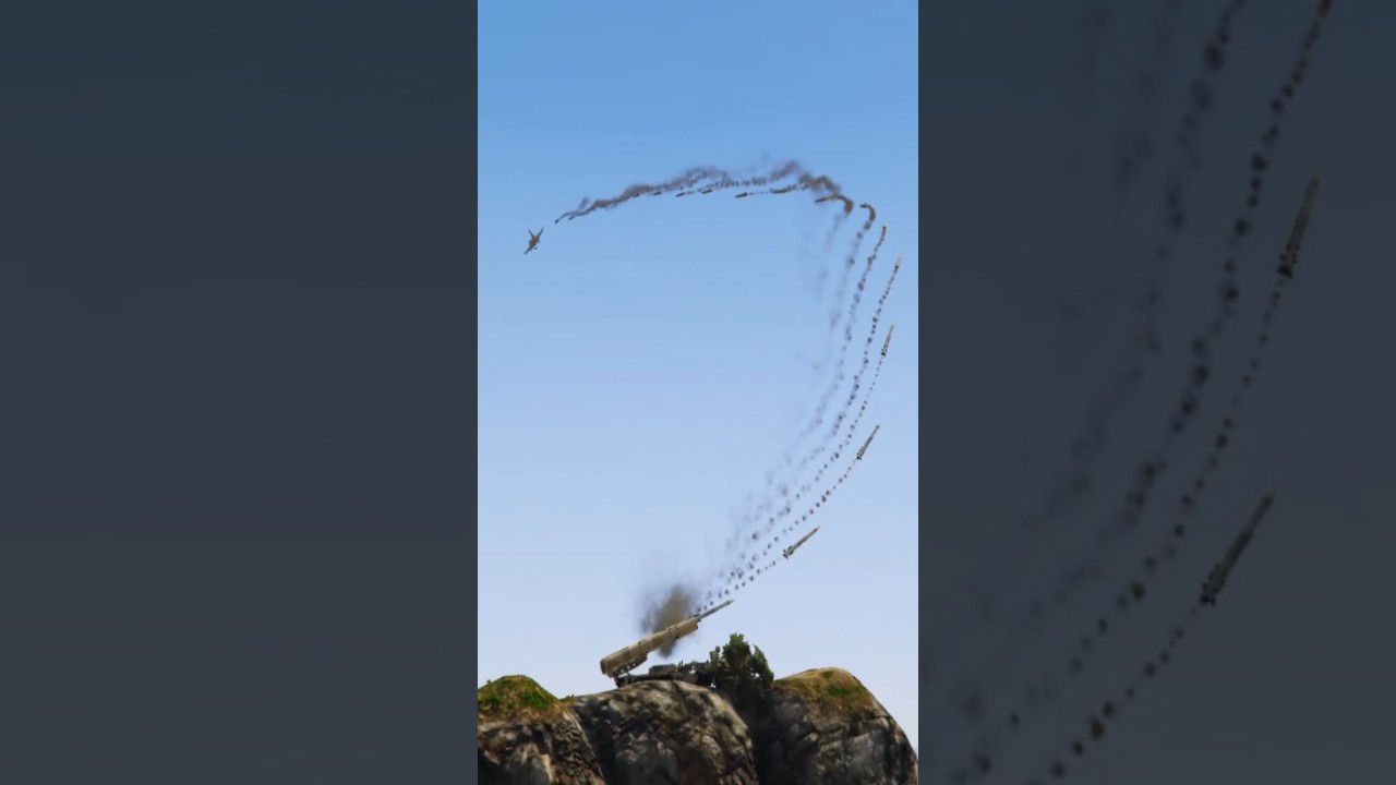 Ground Base Defense System Launches Blasttic Missiles At Combat F-16 Fighter Jet Gtav