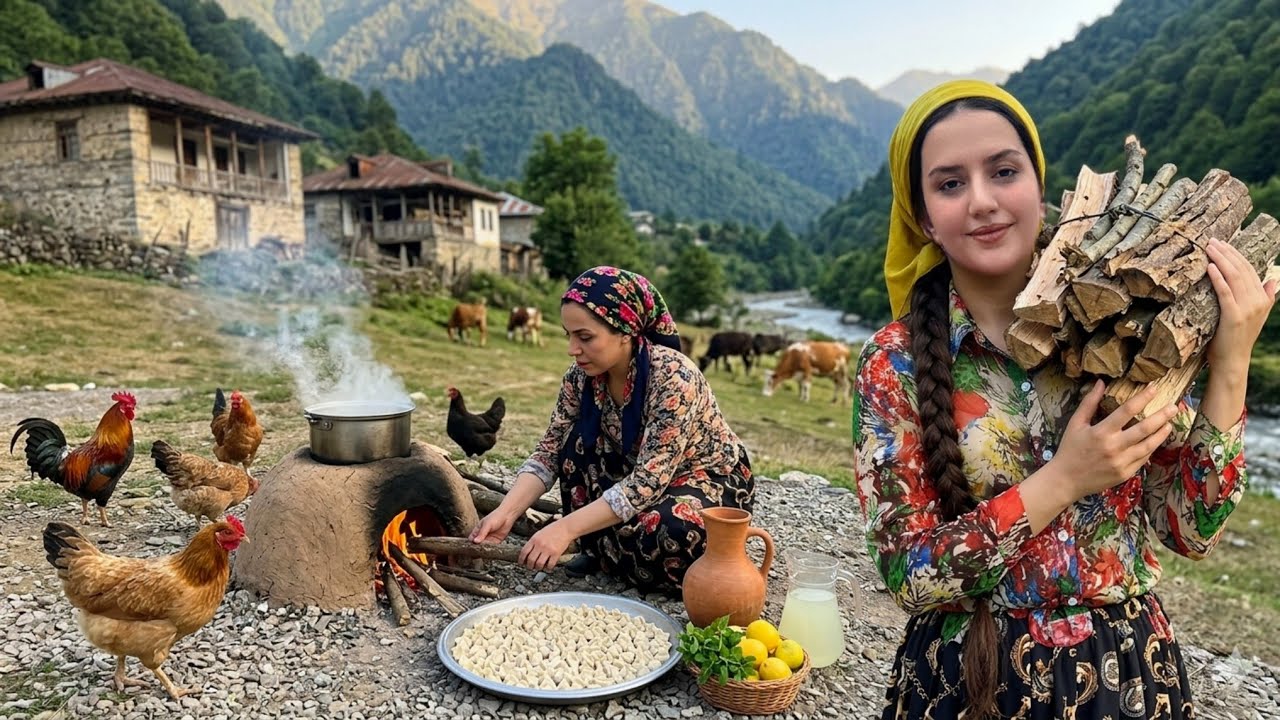 Daily village life; Gathering firewood and cooking soup 