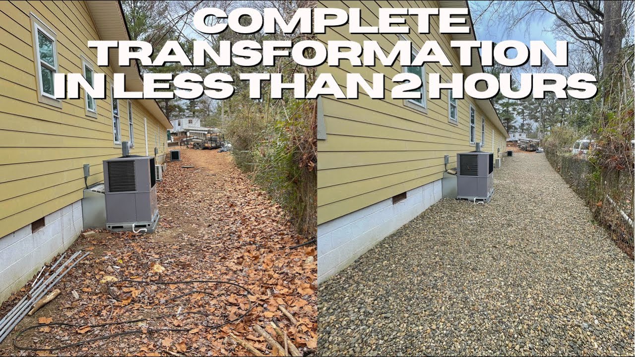 LEAVES BRUSH & GRAVEL. UGLY YARD TRANSFORMATION. 9 guys 1.25 hrs 20 ton of gravel.