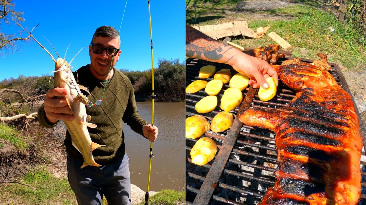 PESCA Y COCINA en Rincón del Cinto, chancho asado y bagres moncholo grande, pesca de bagres