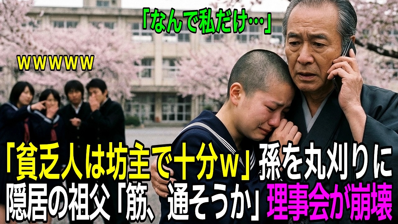 【スカッと】「貧乏人は坊主で十分ｗ」名門校の入学式で孫娘を丸刈りにした理事長、隠居の祖父『筋、通そうか』翌日、最大支援者と判明し理事会が騒然【シニア】