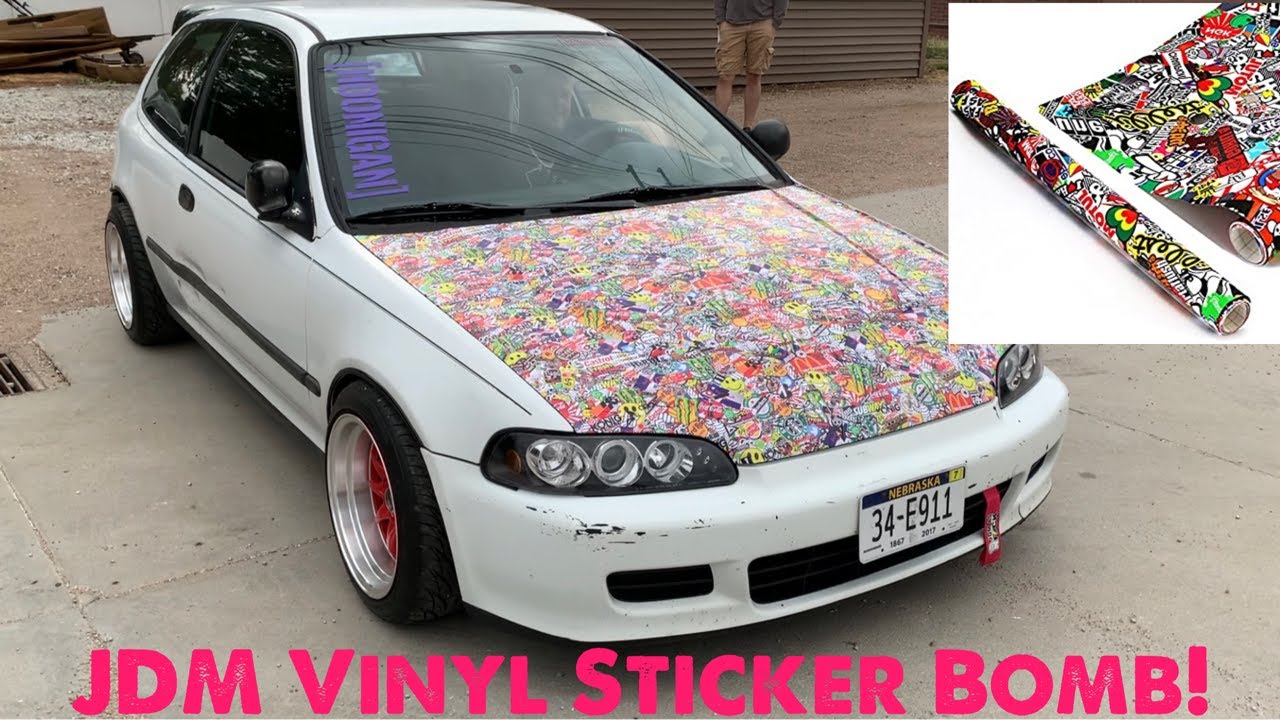 Hood Gets Sticker Bomb Vinyl Wrap!! Honda Civic Hatchback JDM AF :)