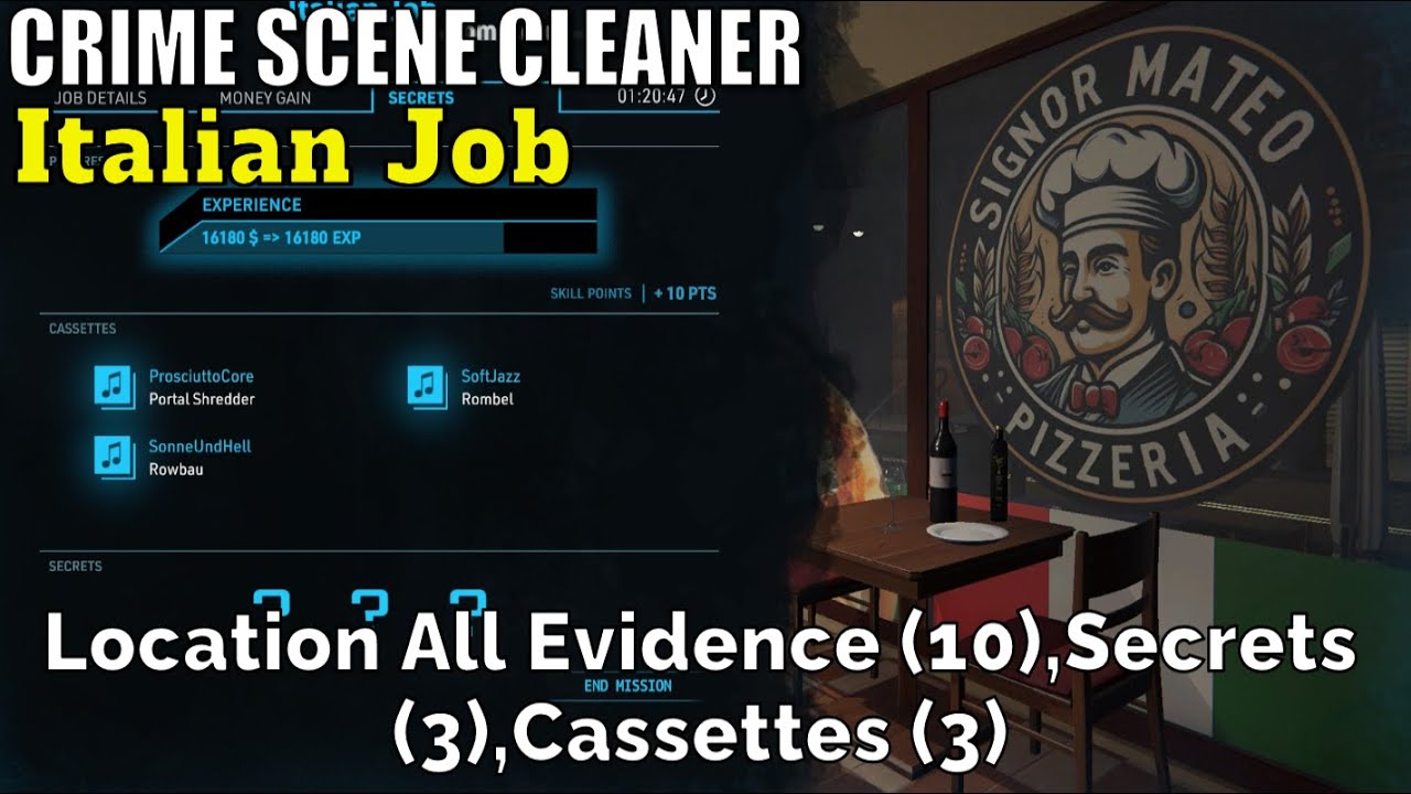 Crime Scene Cleaner, Italian Job, Location All Evidence (10),Secrets (3),Cassettes (3)