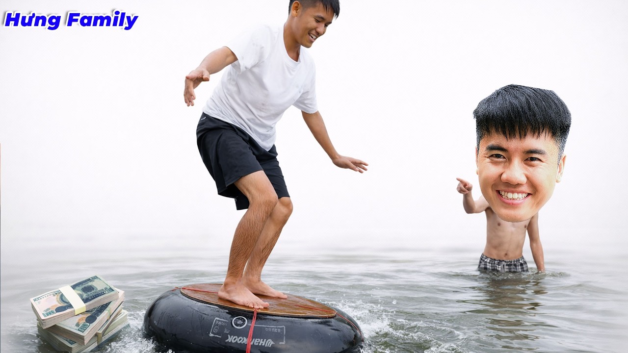 Hưng Troll | Thử Thách Đứng Trên Săm Xe Oto Trên Mặt Nước Nhận Thưởng