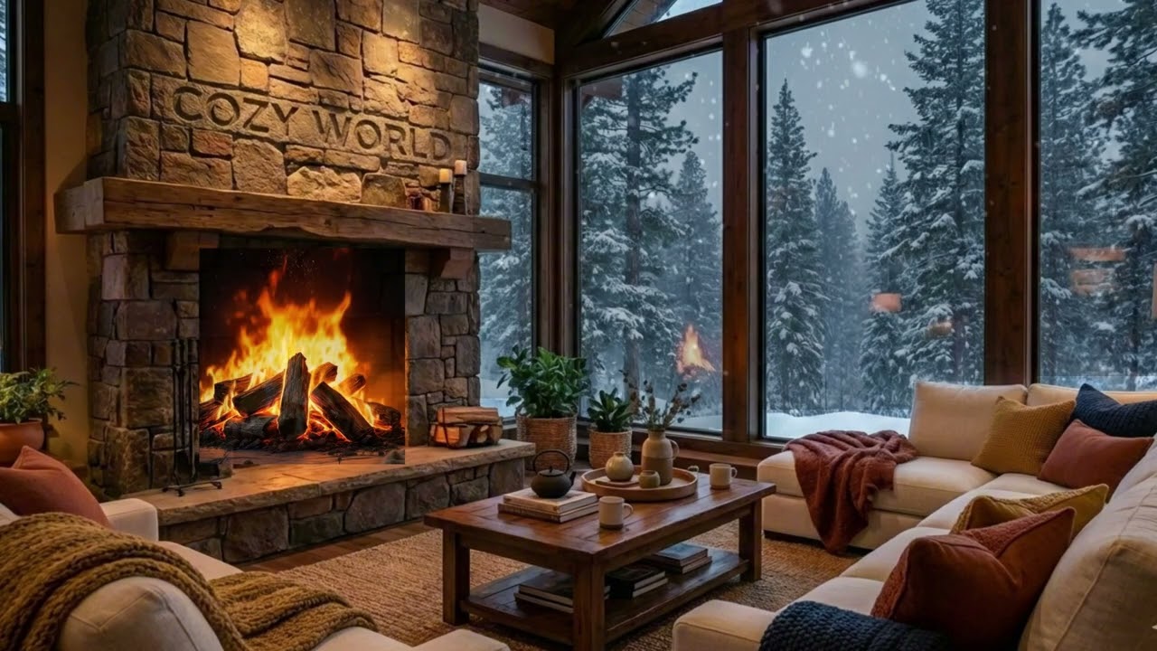 ❄️ Cozy Winter Living Room w/ Fireplace & Snowy Forest 🕯️ #Relaxation  #CozyVibes #WinterMagic