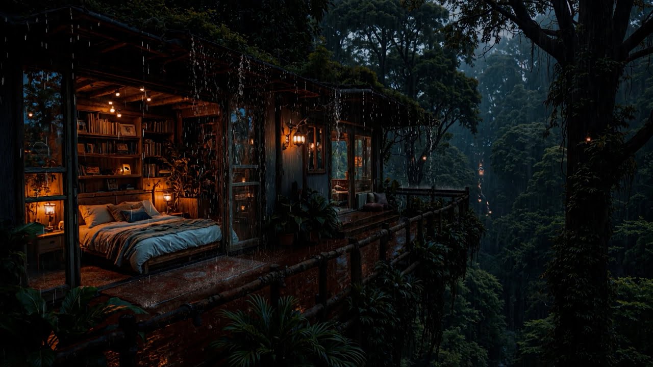 White Noise: Heavy Rain Sounds for Deep Sleep in a Cozy Wooden Cabin with a Warm Glow