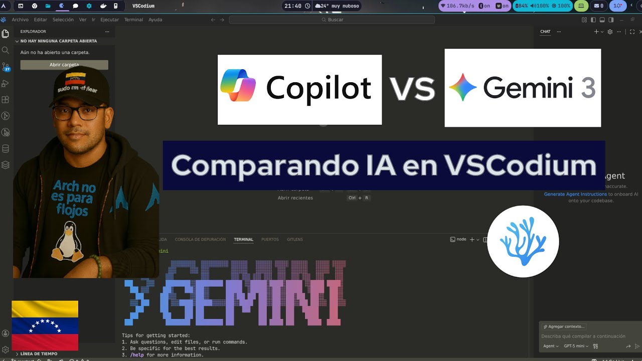 Copilot vs Gemini 3 en VSCodium  | Batalla de IAs en Arch Linux (futuro en tiempo real)