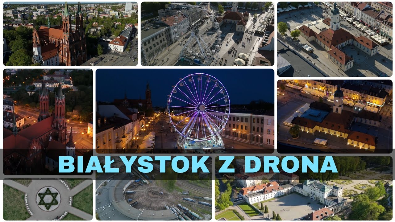 Białystok z drona zza dnia i nocy - okolice rynku, bazylika diabelski młyn, pałac Branickich i inne