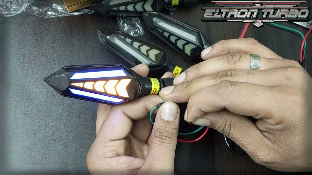 ELTRON TURBO Flexible Arrow Running Style LED Indicators Universal Yellow With Blue Best DRL Bikes