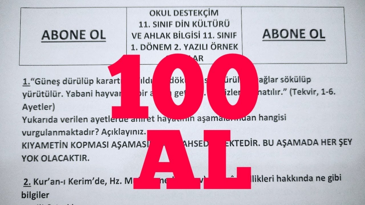 11. Sınıf Din Kültürü 1. Dönem 2. Yazılı