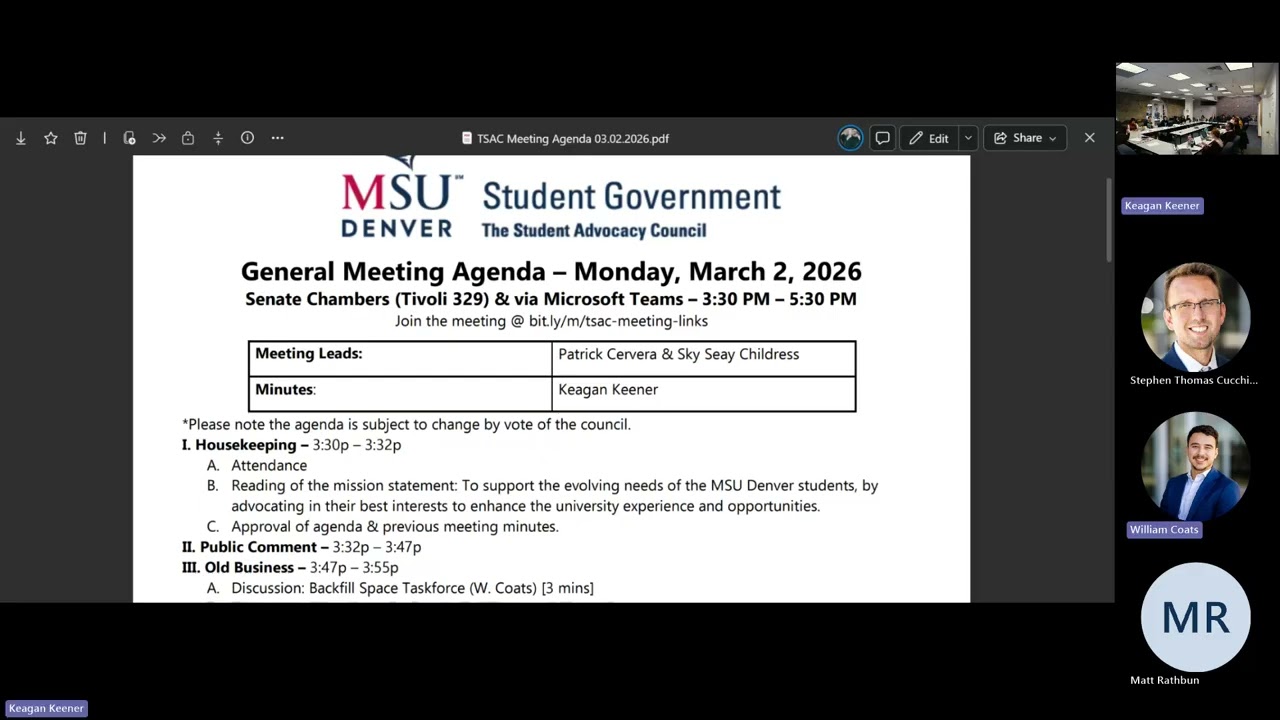 MSU Denver's Student Government: The Student Advocacy Council 3/2/26 Meeting