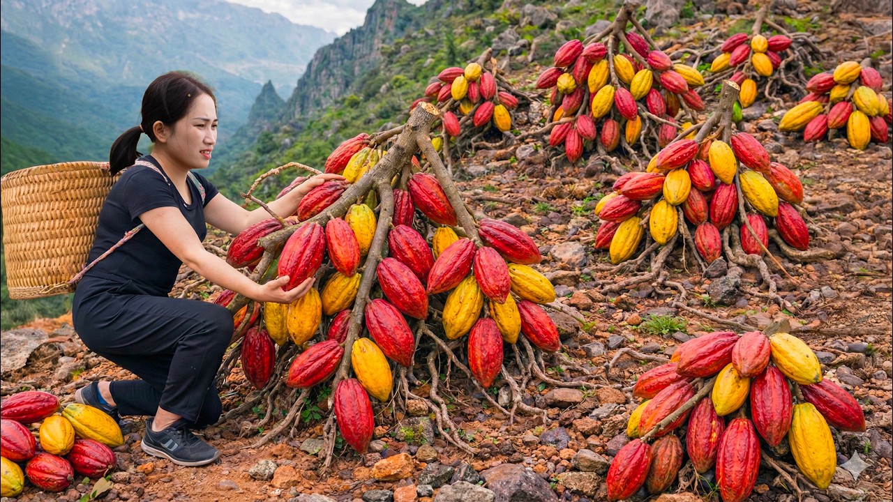 Harvesting GIANT Mountain Cacao to Sell | Market Crowd Rushes to Buy Rare Cacao Fruit