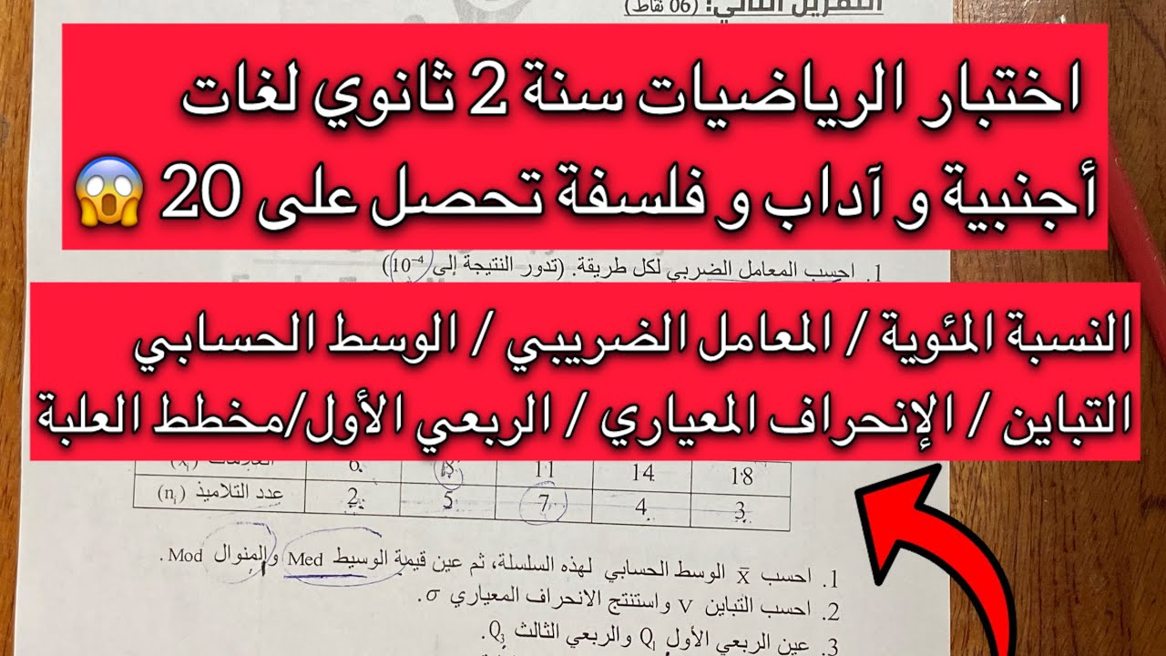 اختبار الرياضيات سنة 2 ثانية ثانوي الفصل الاول شعبة لغات أجنبية و آداب و فلسفة مقترح بقوة