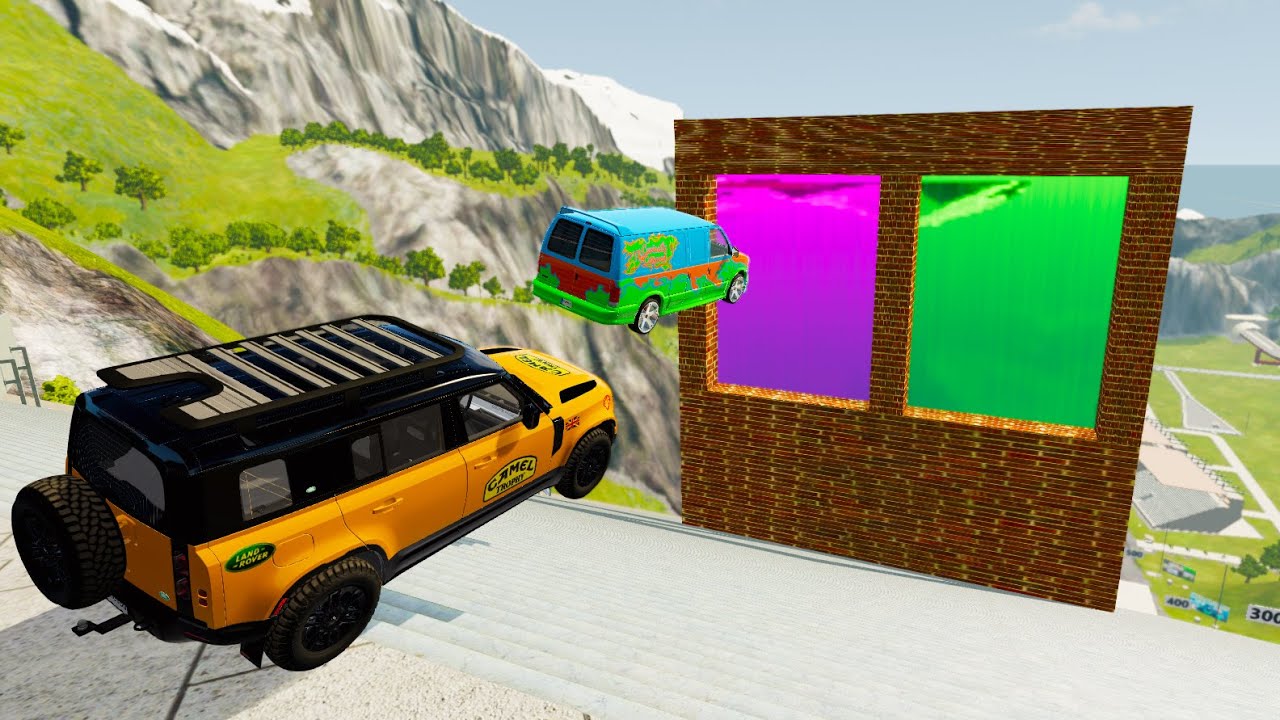 Crazy Vehicle Stairs Jumps Down Through Purple Or Green Water Wall - BeamNG drive Stairs