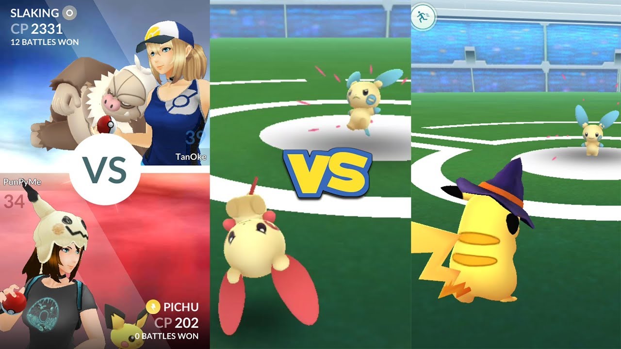 Pokémon Go Gym Battle Plusle, Pichu, Pikachu vs Minun & Slaking