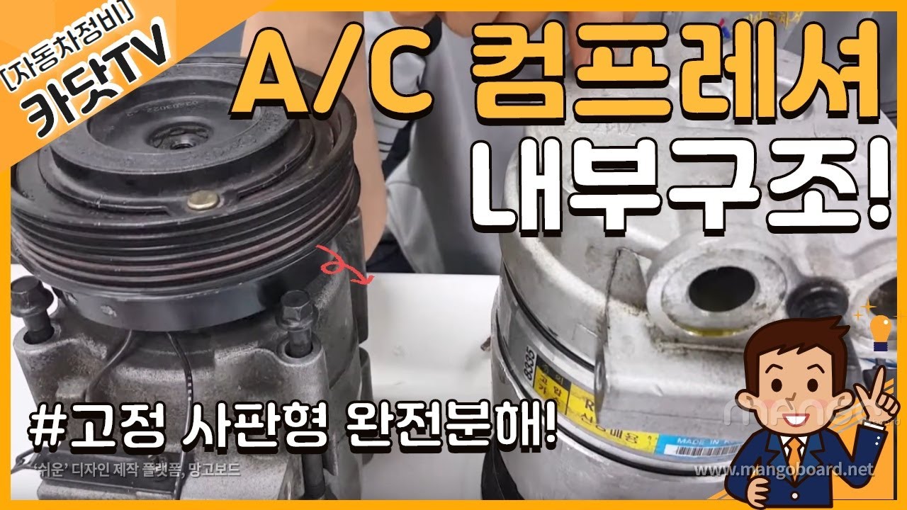에어컨 컴프레셔(A/C Compressor) 내부구조 및 작동원리 #고정사판형, #복동 액시얼 피스톤
