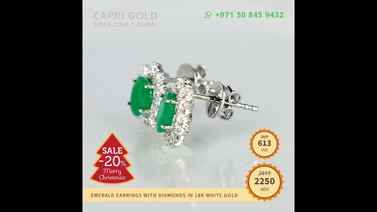 Flat 20% OFF! A Beautiful Emerald Earrings in 18K White Gold. WhatsApp: +971508459432, +971556569024