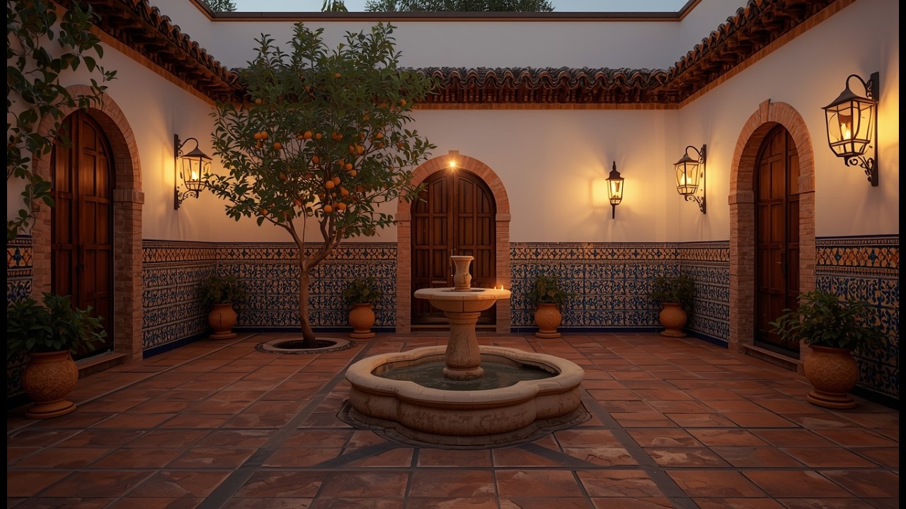Granada Courtyard Fountain | Alhambra Garden Ambience | Relaxing Andalucian Night Sounds