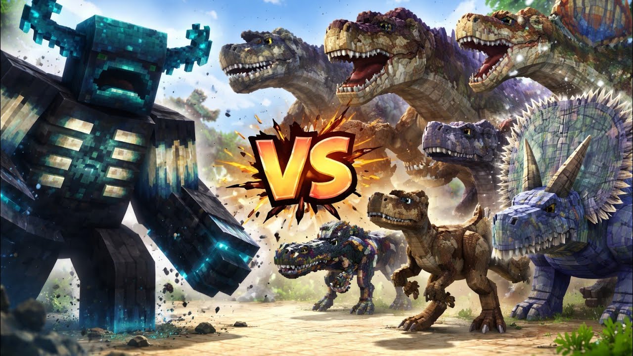 Minecraft Warden vs Lost Island Dino Battle