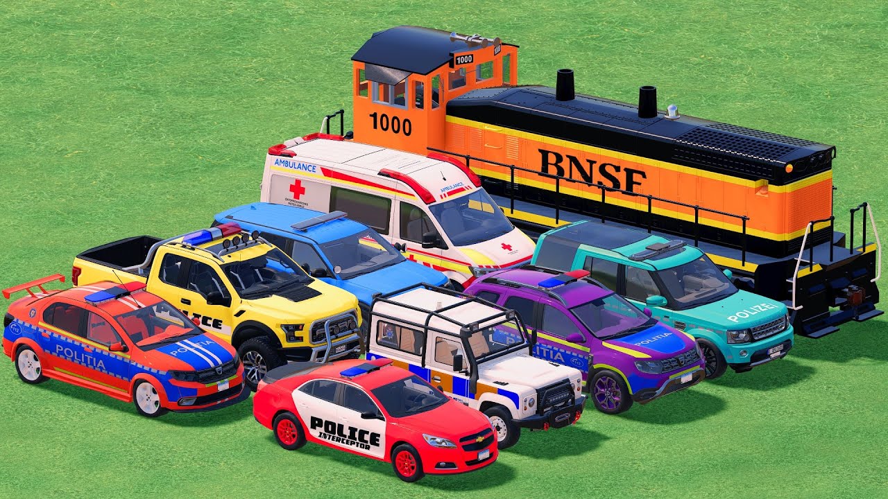 GO! POLICE CARS, AMBULANCE, FIRE TRUCK, COLORFUL CARS WITH TRUCK & TRAIN FARMING SIMULATOR 22! #95