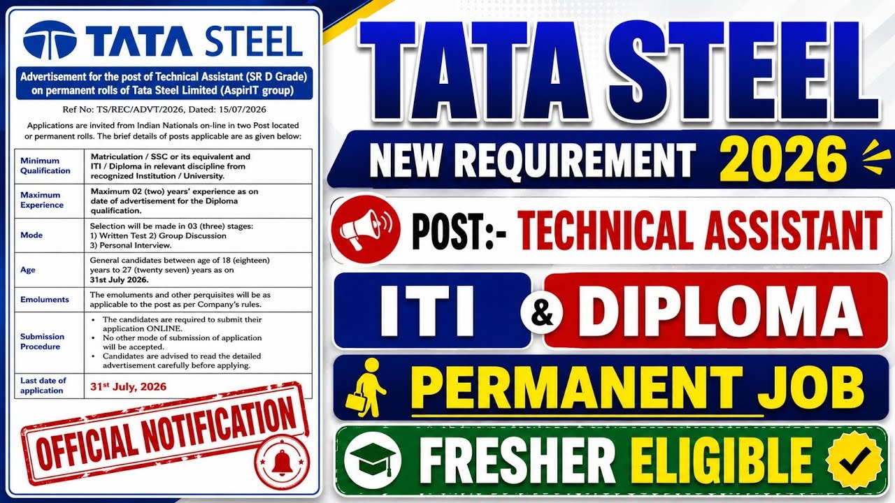 TATA STEEL ITI & DIPLOMA RECRUITMENT 2026 | Fresher Technical Vacancy | Apply Online |