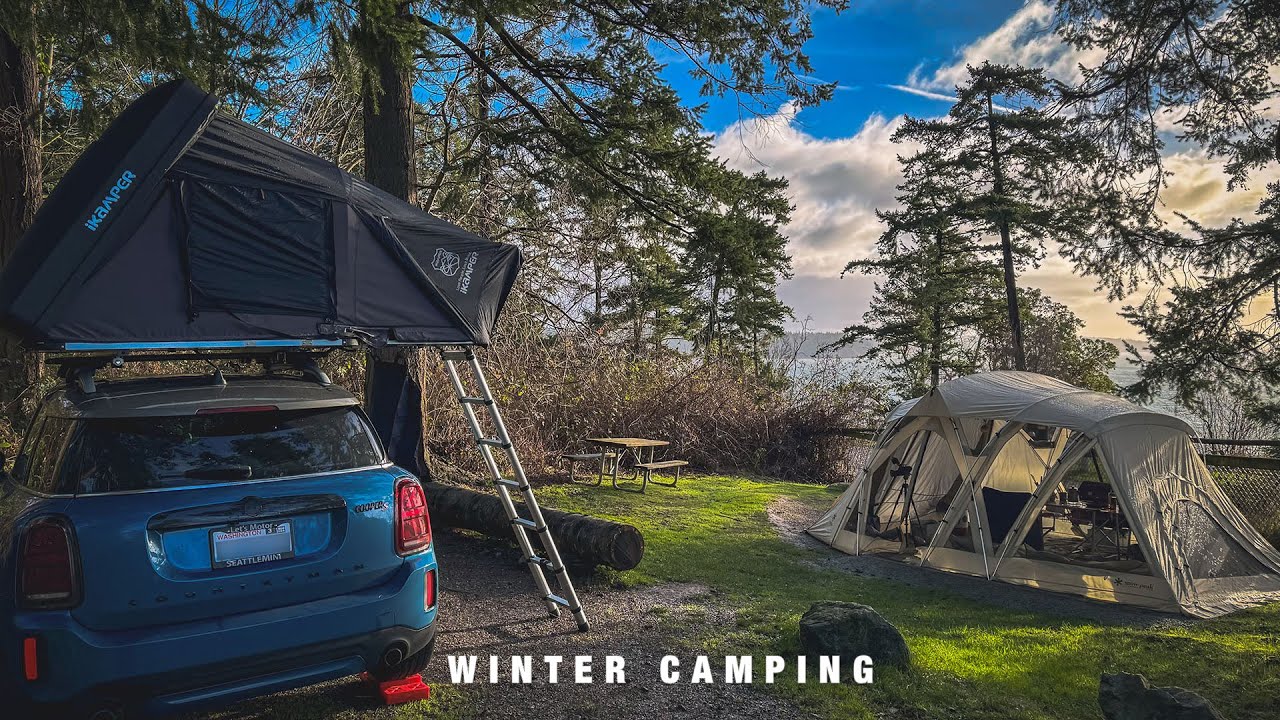 Winter camping on the Windy Coast | Snow Peak Living Shell Long Pro. Ivory, iKamper Skycamp 3.0 mini