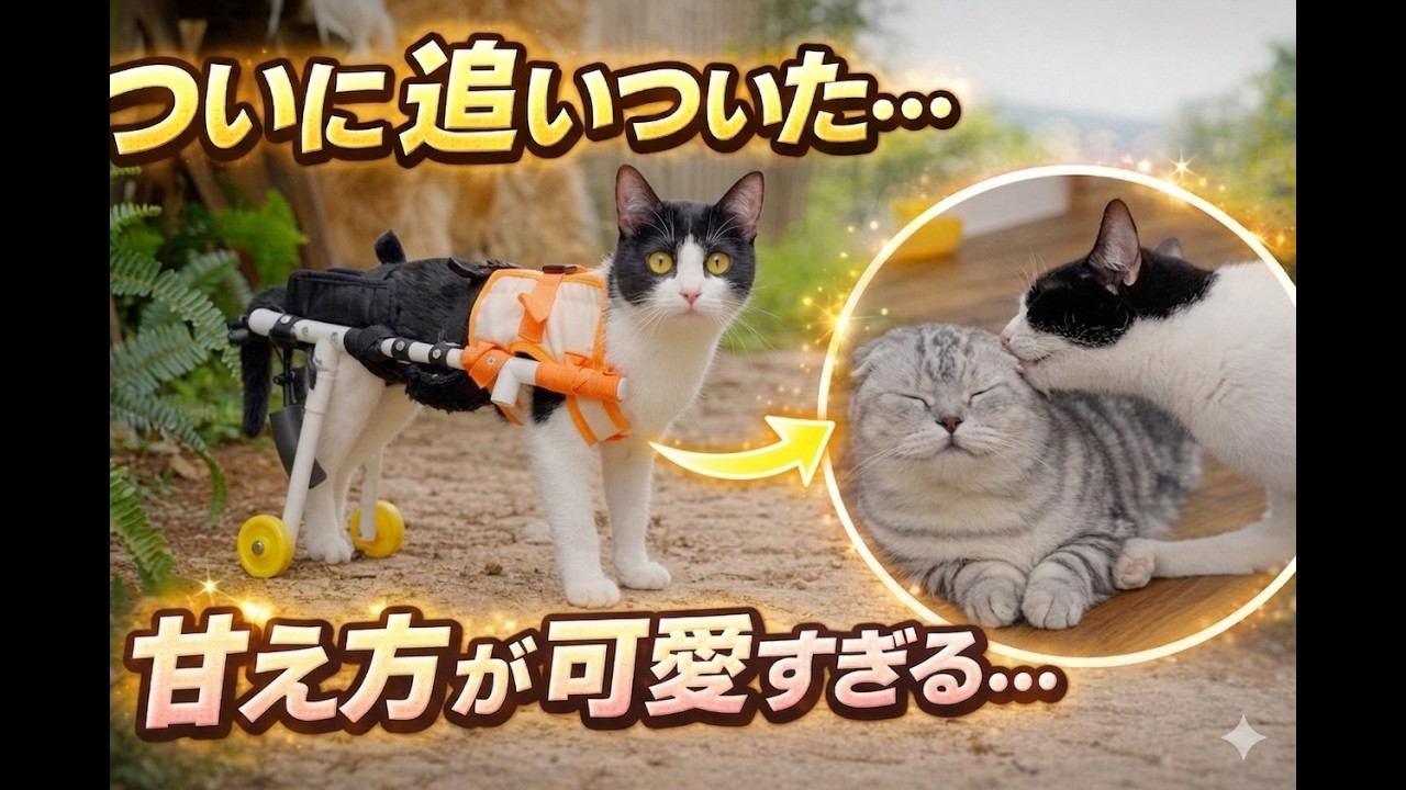 車椅子の猫がお兄ちゃん猫に追いついた瞬間…甘え方が可愛すぎた!