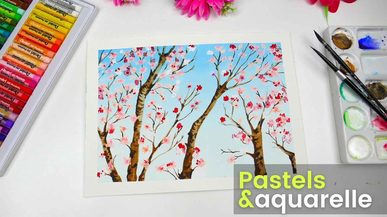 COMMENT PEINDRE DES ARBRES FLEURIS À L'AQUARELLE ET AUX PASTELS GRAS 🌳