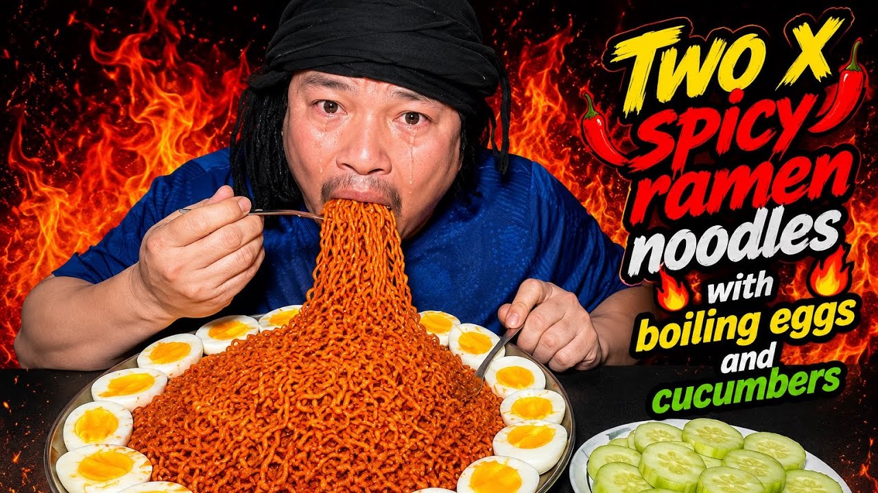 OMG..2X SPICY 🌶️ RAMEN NOODLES AND BOILING EGGS WITH CUCUMBERS #kabirmukbangvideo #mukbang #eating 