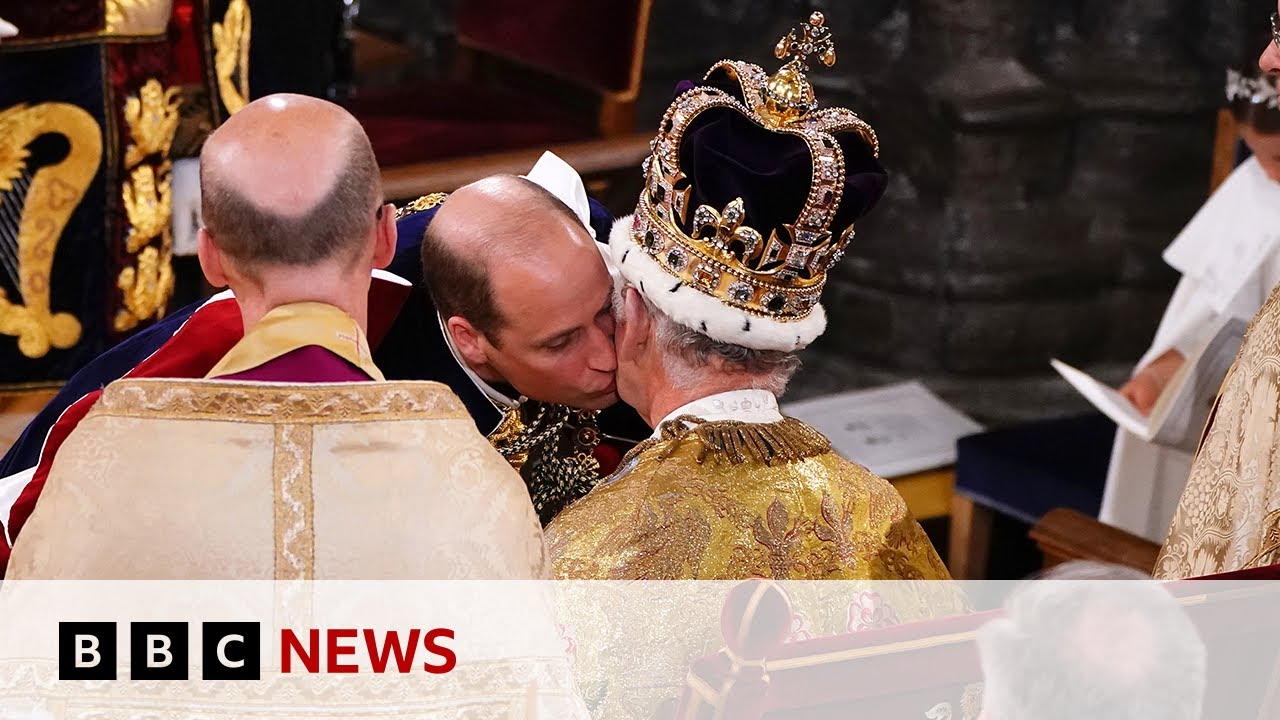 Prince William kisses King Charles on cheek in Coronation ceremony - BBC News