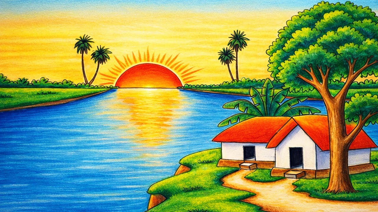 How to Draw Easy River Sunset Village Scenery Drawing for Beginners | Step by Step Easy Art Tutorial
