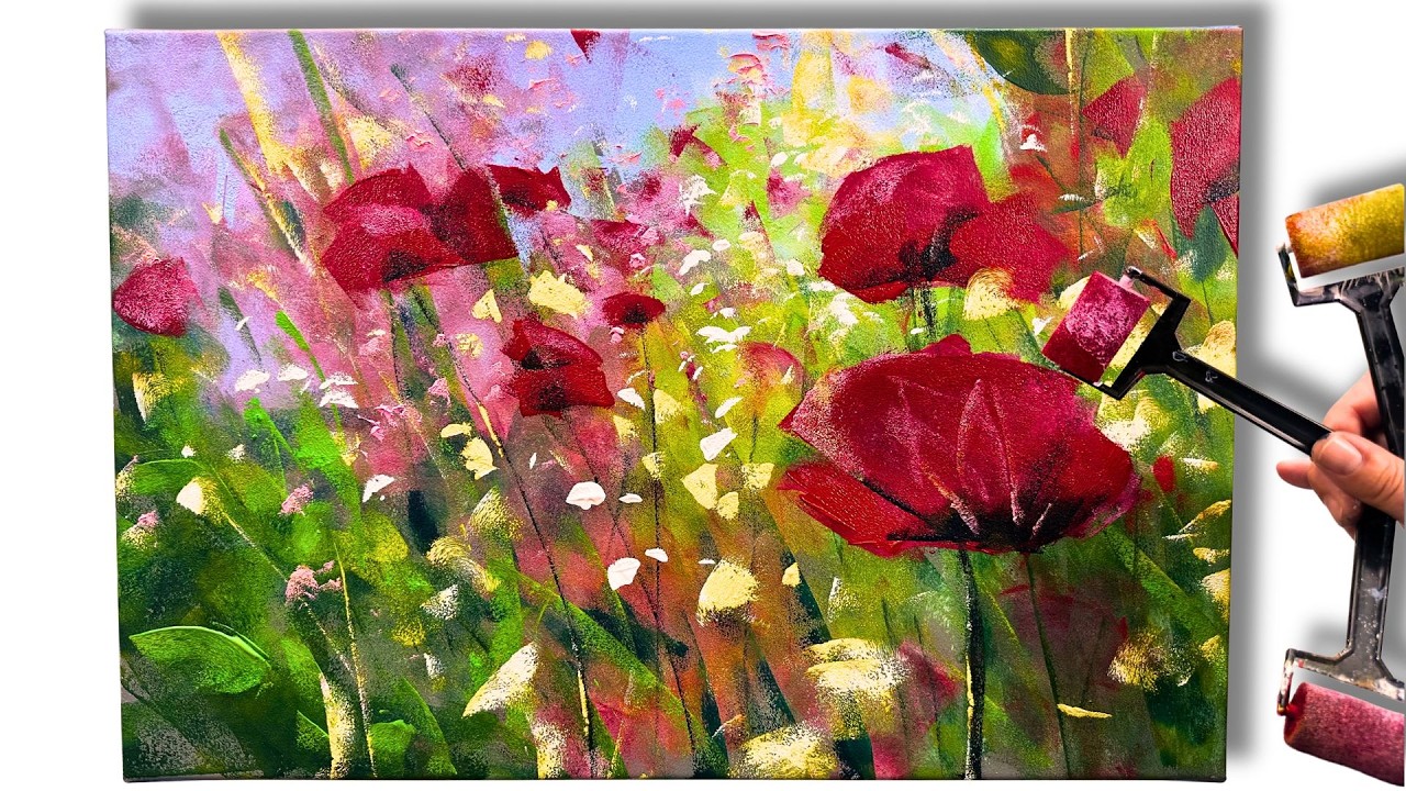 Ein Experiment - ohne Pinsel Mohnblüten in Acryl malen - (Anleitung) Anfänger