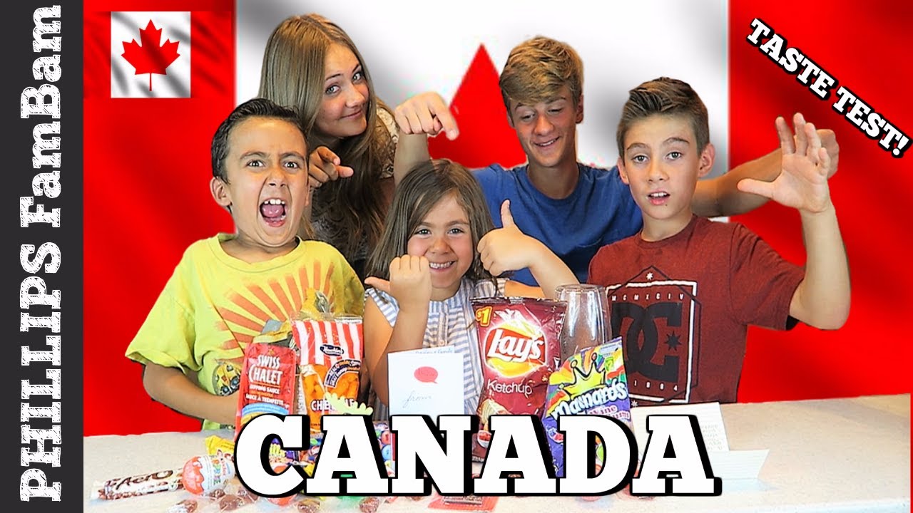CANADIAN FOOD TASTE TEST| AMERICANS TRY TASTING CANADA SNACKS | PHILLIPS FamBam Challenges