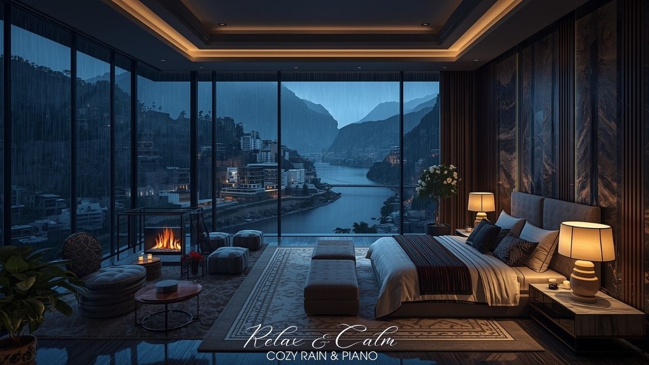 Rain & Piano Sleep LIVE 24/7 🌧️🔥 | Luxury Bedroom Night Ambience for Deep Rest