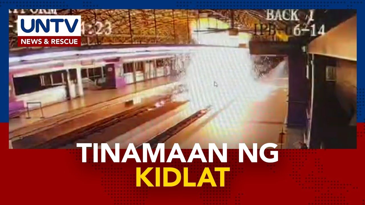 Kita sa CCTV ang pagliwanag sa LRT-2 Gilmore Station nang tamaan ng kidlat ang catenary wire