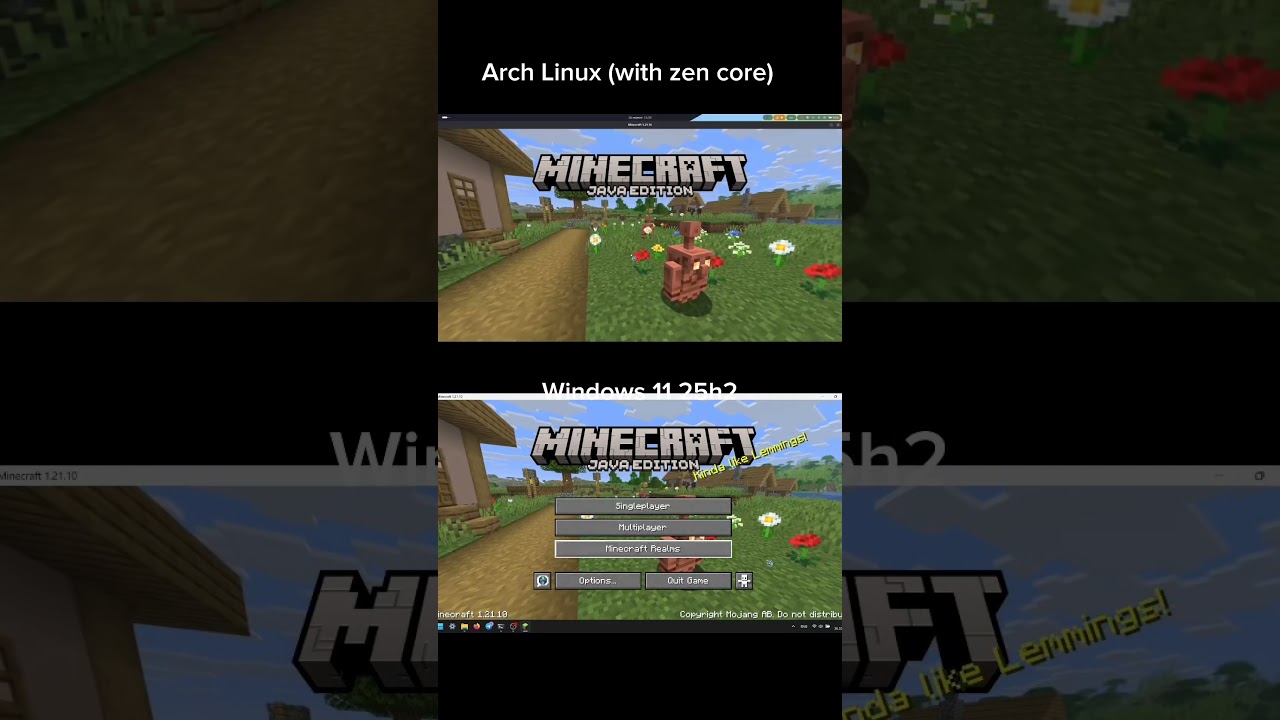 Arch with zen kernel vs Windows 11 25h2 Minecraft 1.21.10 fps test #arch #windows #linux #minecraft