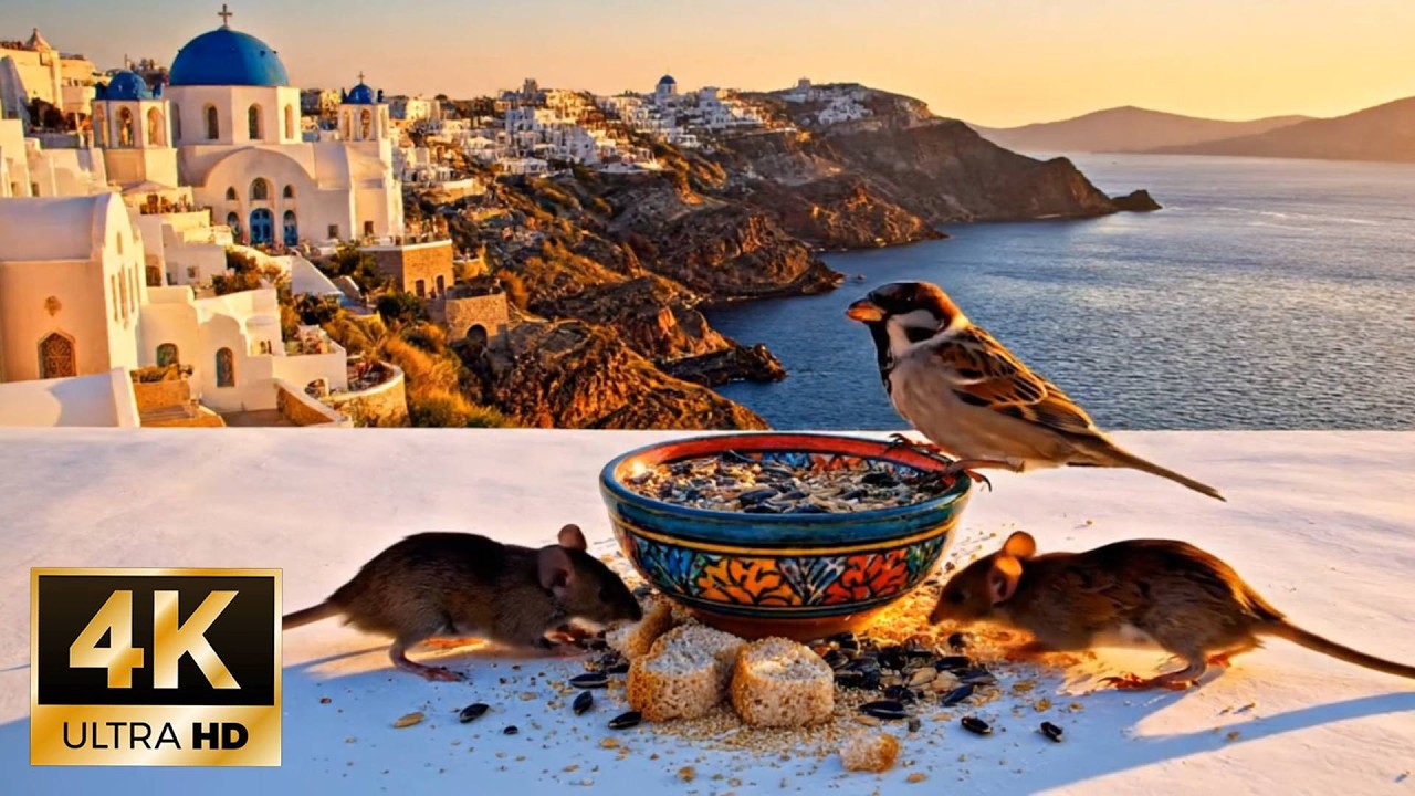 Holiday for Cats! Bird Watching and Mouse Games in Santorini 4K ULTRA HD