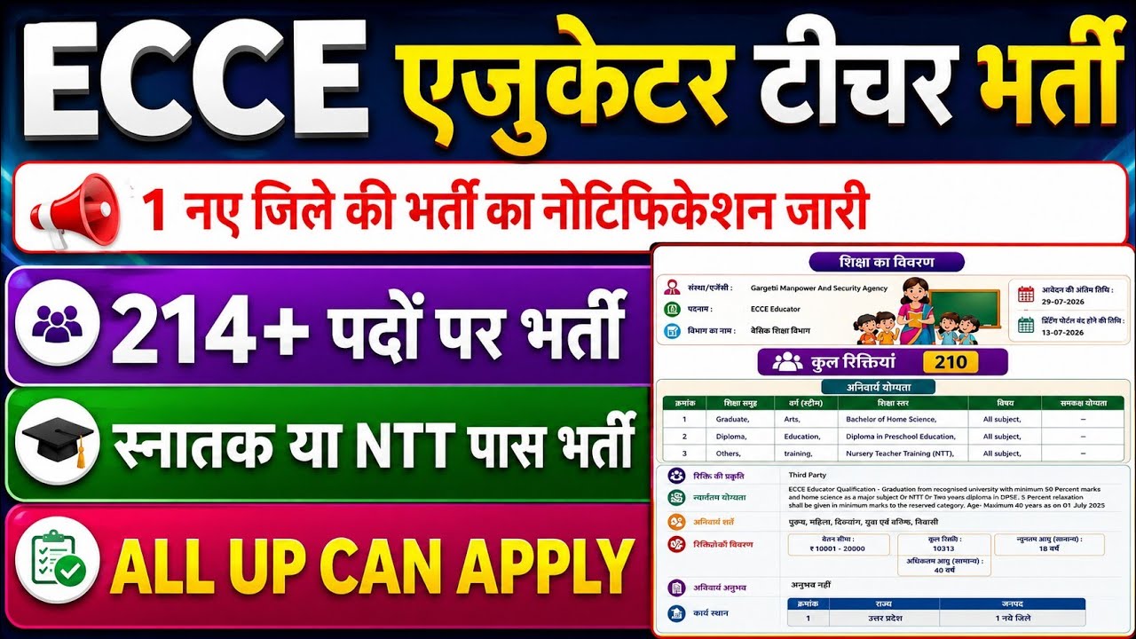 ECCE educator vacancy in up | UP ECCE एजुकेटर भर्ती 2026 | ecce educator teacher new vacancy 2026 up