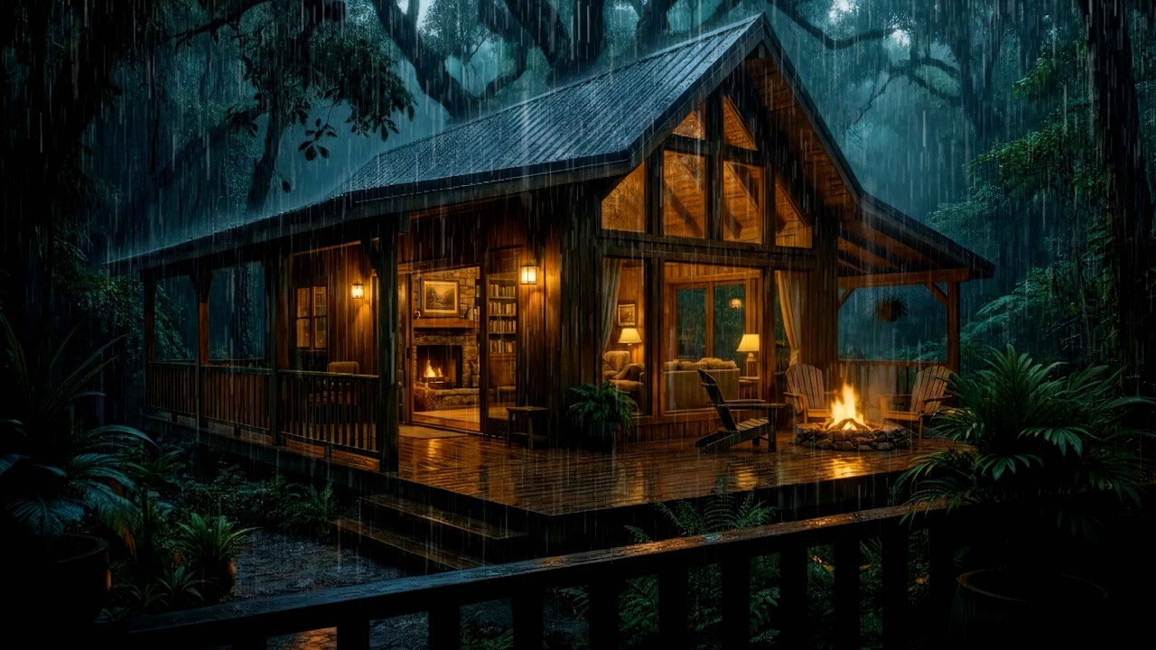 Cozy Forest Cabin in Deep Night Raint 🌧 Relaxing Rain in The Deep Forest