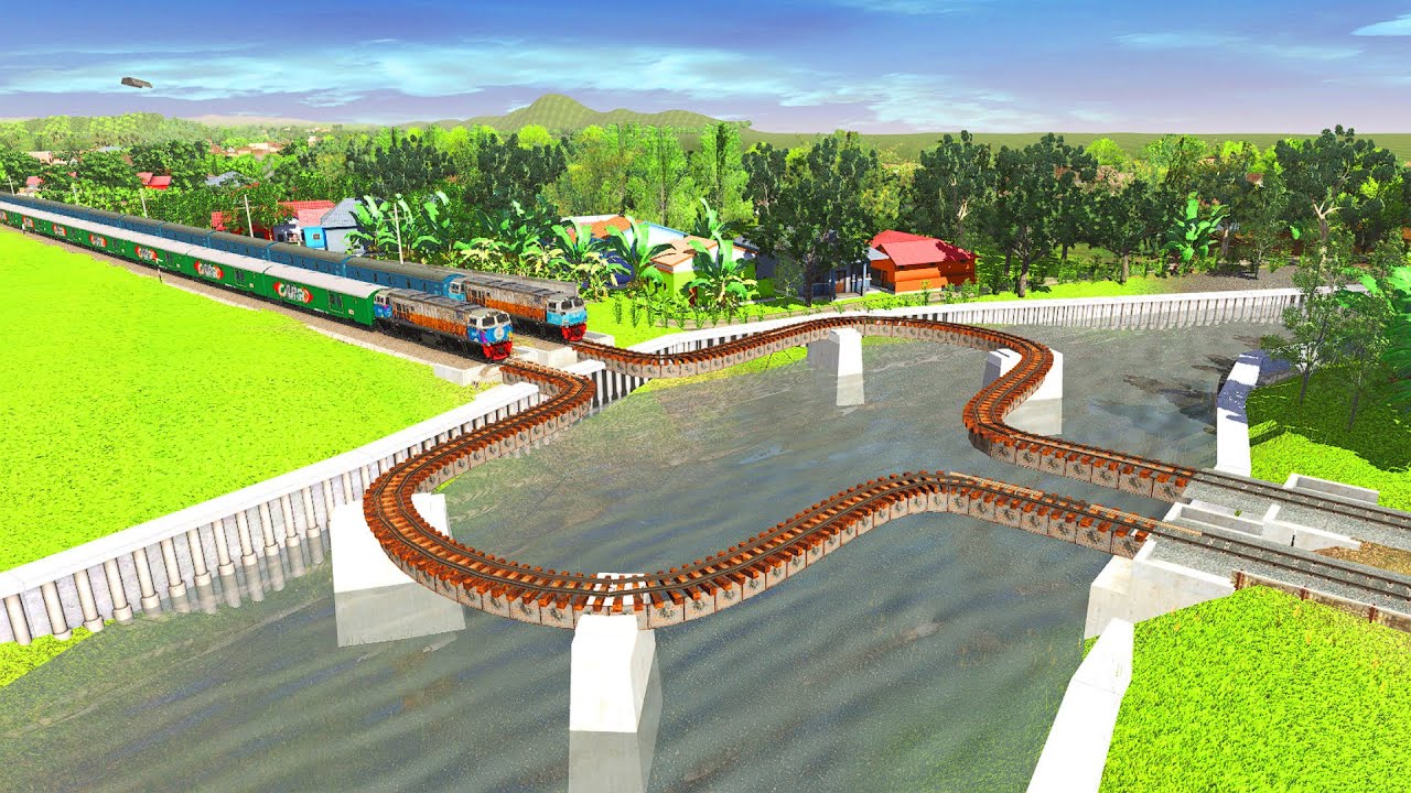 4 TRAINS RUN FAST ON MESSY BRIDGE RISKY RAILROAD TRACK #72 | BeamNG.Drive | Trainz Simulator 2019